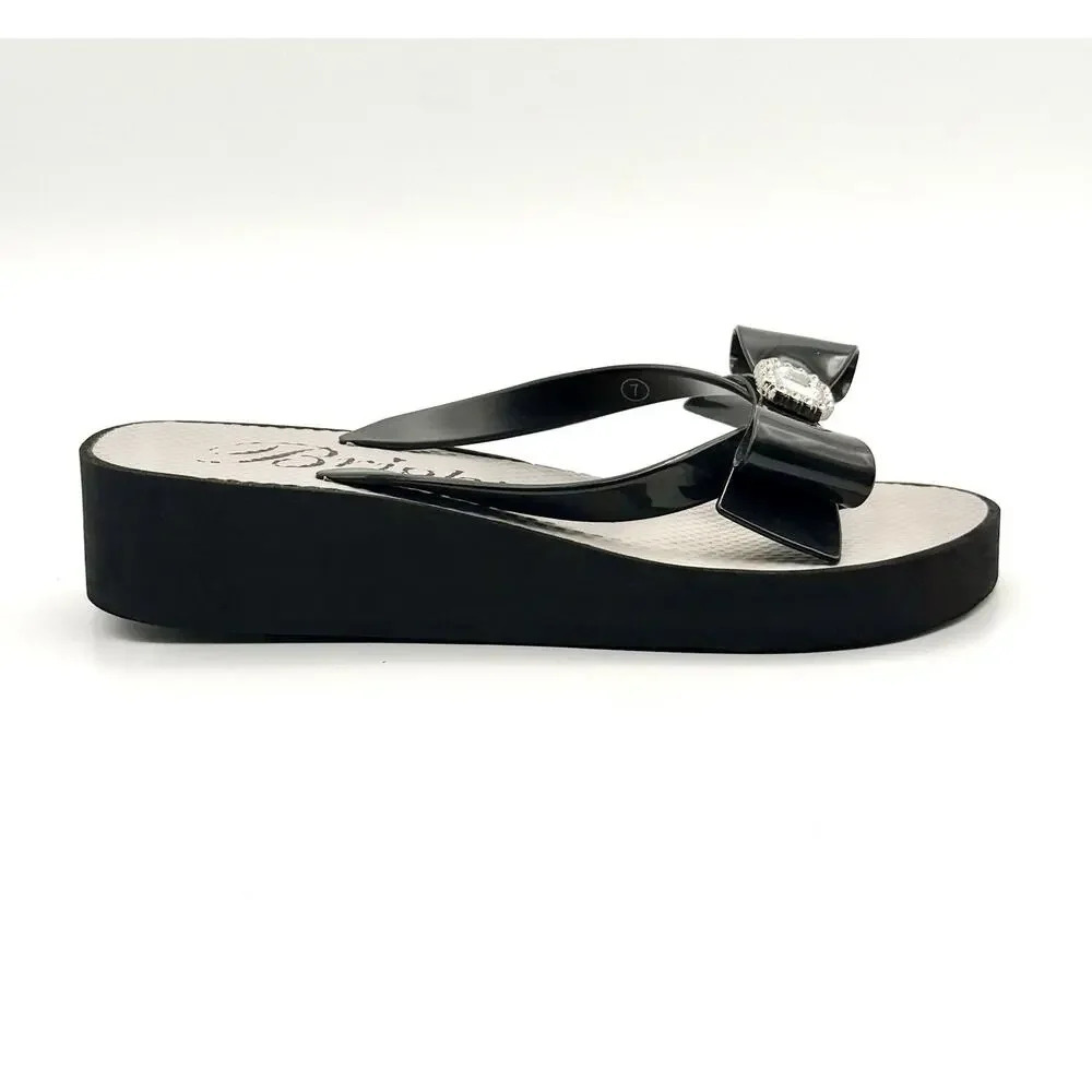 BRIGHTON Women Size 7 Sandals Black Bow BOWIE Platform Wedge W/ Bling Flip flop
